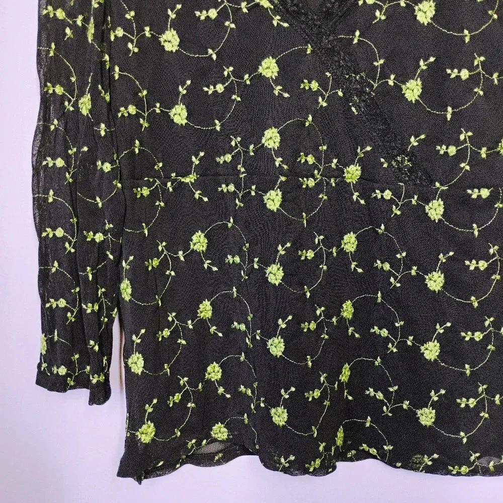Style & Co Y2K Sheer Sleeve Babydoll Floral Embroidered‎ Top Black Size Large